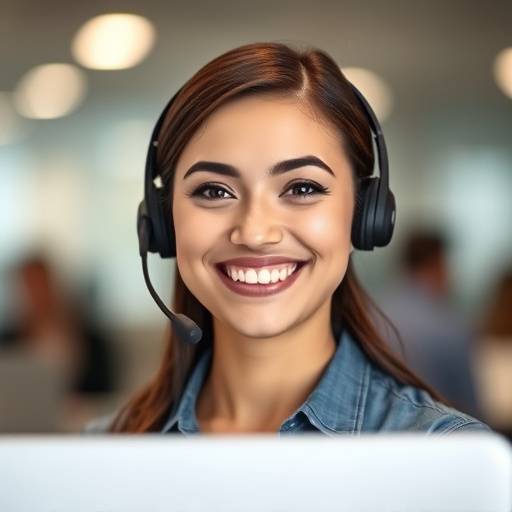 A friendly customer service representative smiling and wearing a headset, ready to assist with inquiries.
