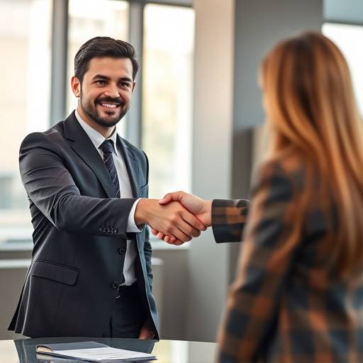A person confidently shaking hands with an interviewer, representing successful interview preparation.